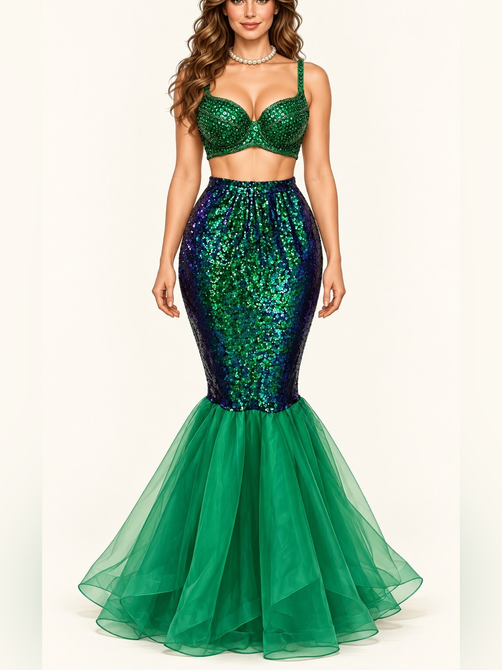 Emerald Green Mermaid Costume Set – Skirt L / Beaded Bra L–XL Pre-loved
